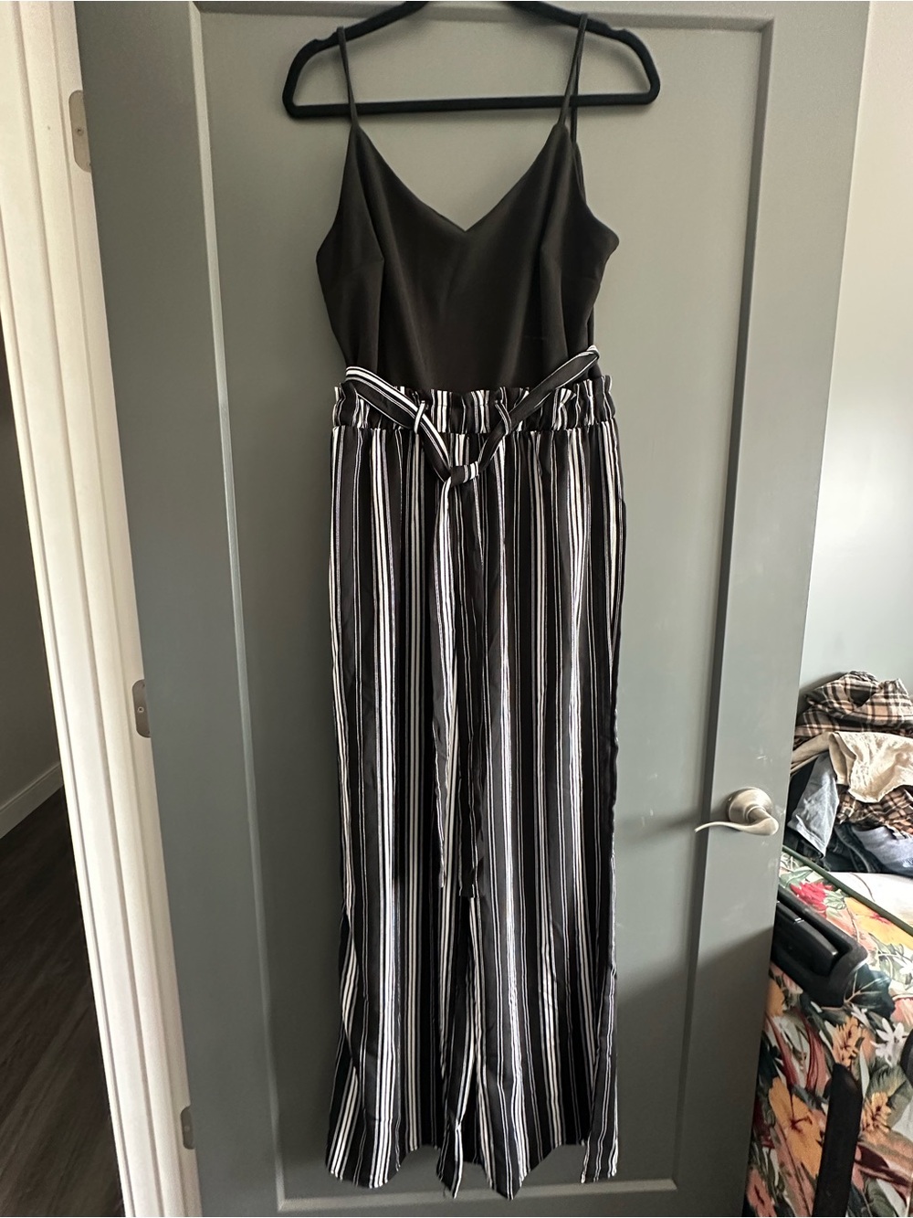 Black Strappy Jumpsuit with Black & White Striped Pants